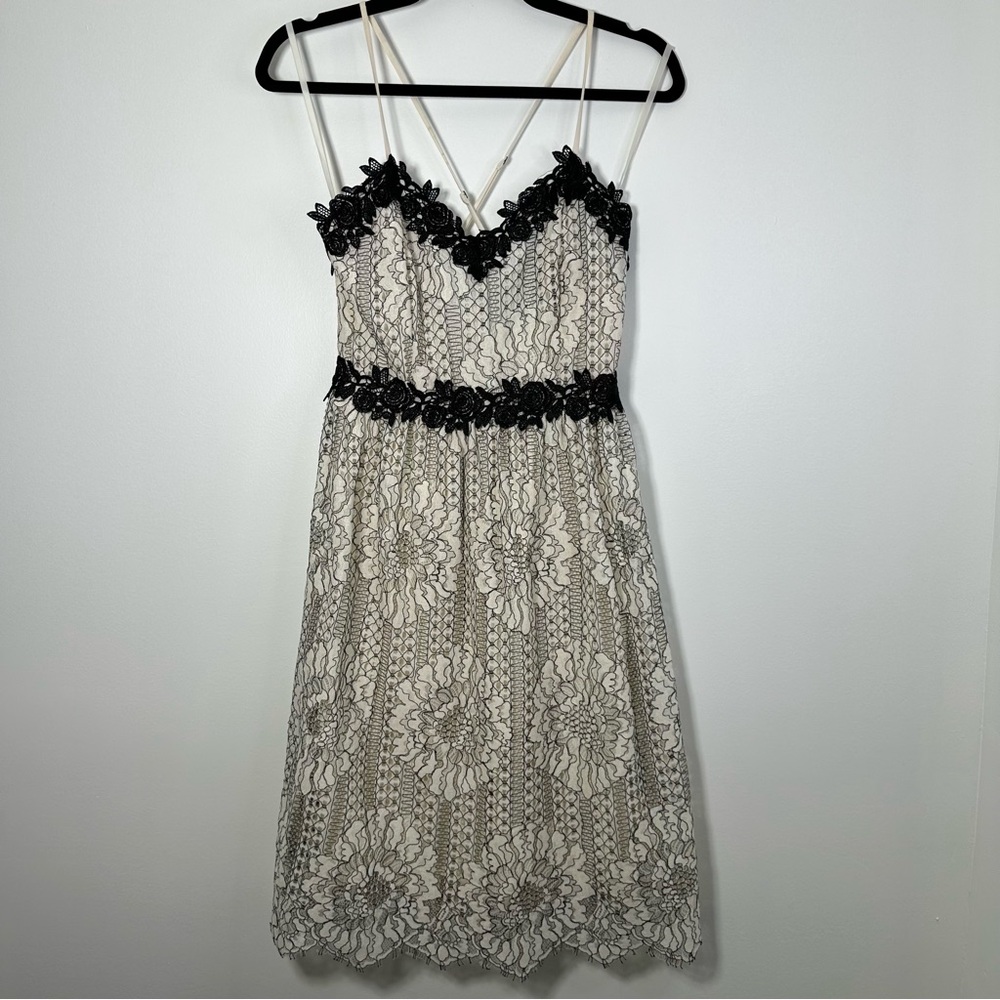Anthropologie White Lace Midi Dress with Black Floral Trim - Picture 3 of 8